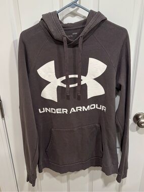 Under Armour Jumbo Logo Grey White Pullover Sweatshirt Hoodie Mens U.S. Large